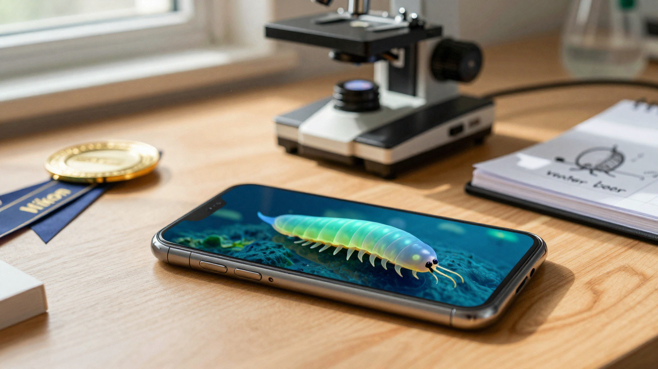 Celular exibindo imagem 3D de crustáceo, microscópio e medalha sobre mesa de madeira.