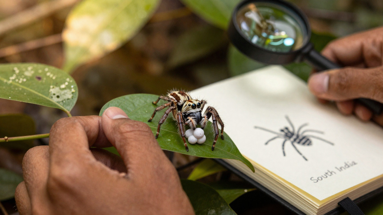 Mãos seguram uma folha com aranha e ovos, lupa e caderno com desenho de aranha e texto "South India".