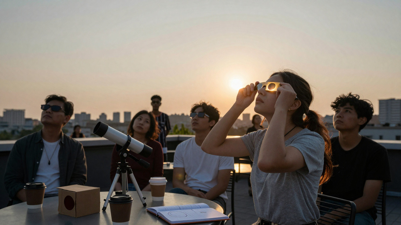 Grupo de jovens observando o eclipse solar com óculos especiais e telescópio ao pôr do sol no terraço.