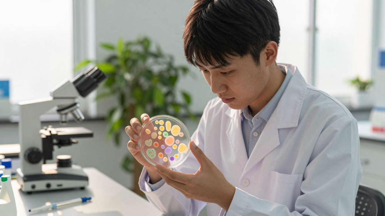 Cientista em laboratório observa placa de Petri com colônias de bactérias coloridas.
