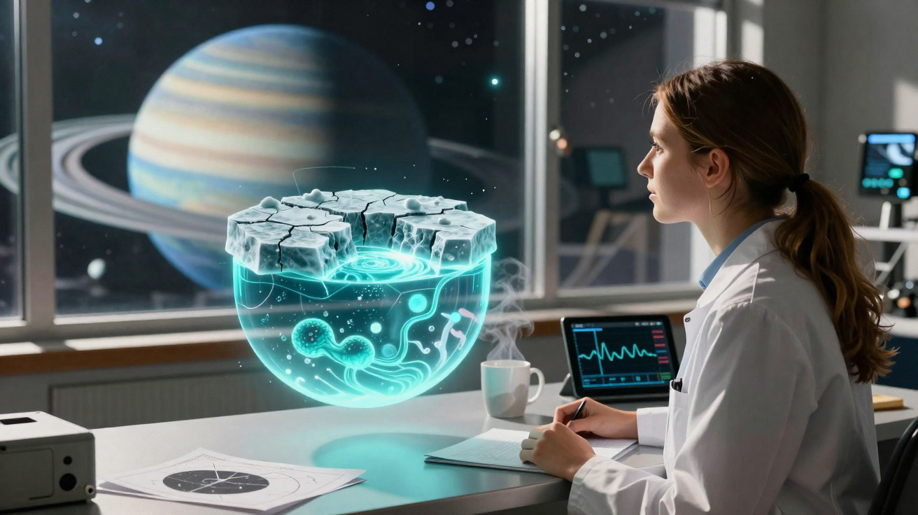 Cientista observa projeção holográfica do planeta e sua estrutura interna em laboratório espacial.