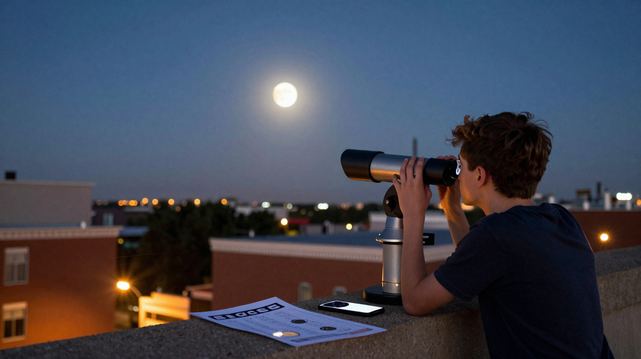 Garoto usando telescópio à noite em um terraço, observando a lua cheia com cidade ao fundo.