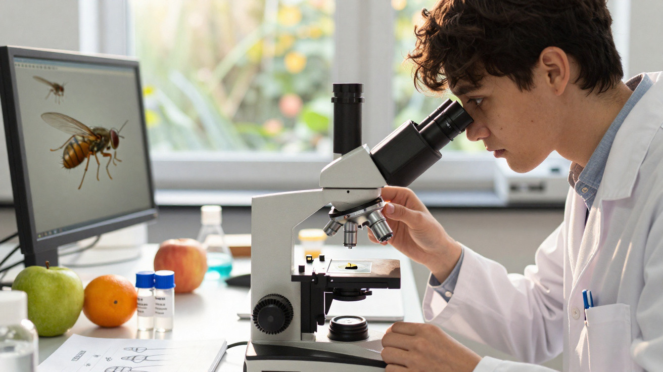 Cientista observa inseto em lâmina no microscópio, com imagem de mosca na tela do computador ao fundo.