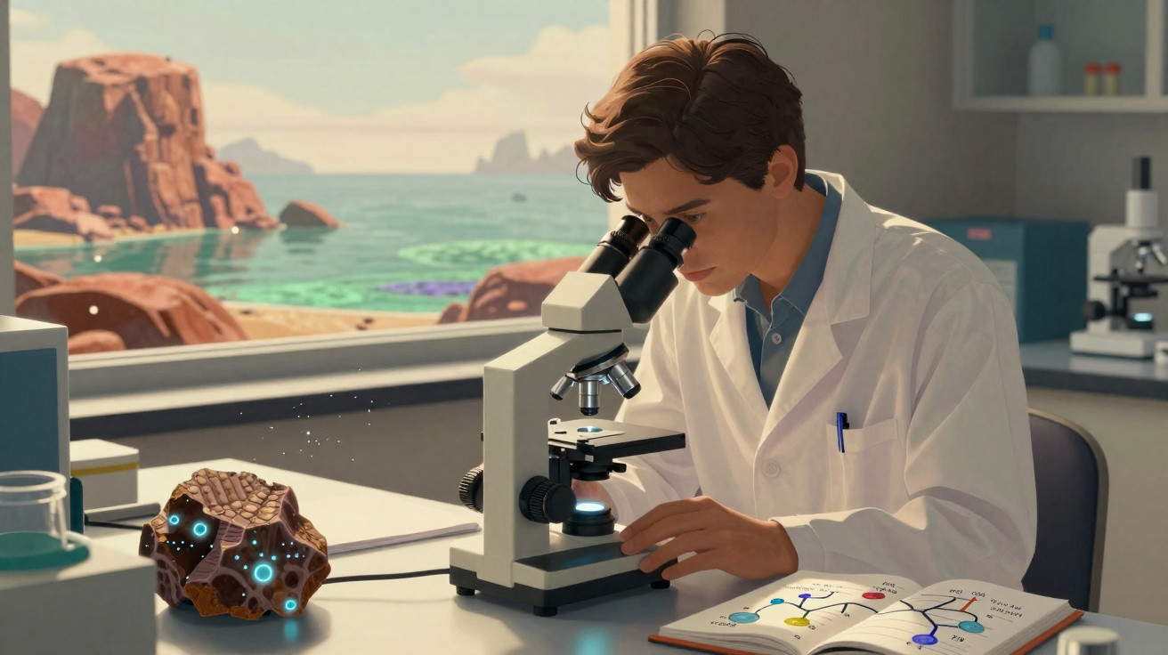 Jovem cientista observa amostra em microscópio em laboratório com vista para o mar e rochas.