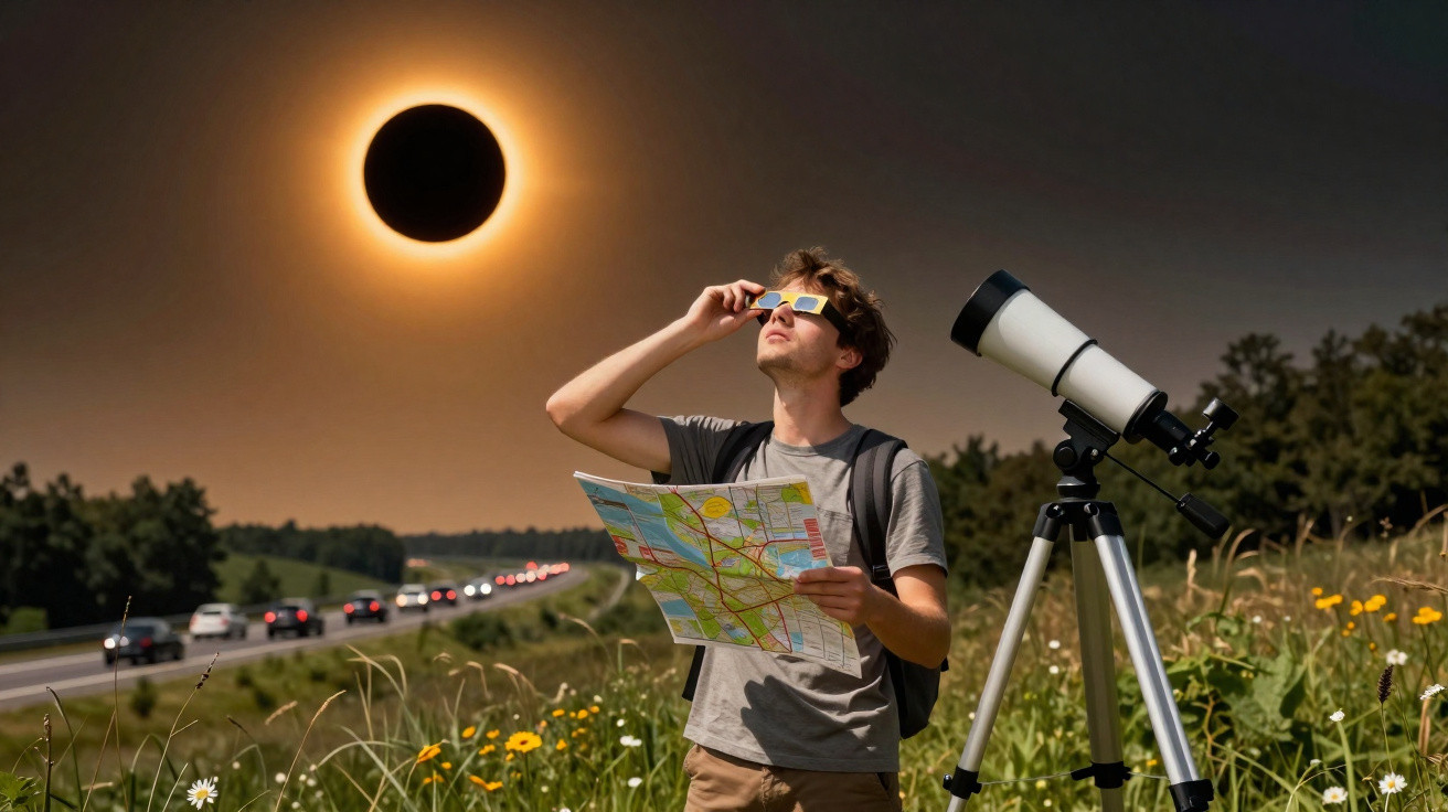 Homem com óculos de eclipse observa o sol durante eclipse solar próximo a um telescópio em campo.