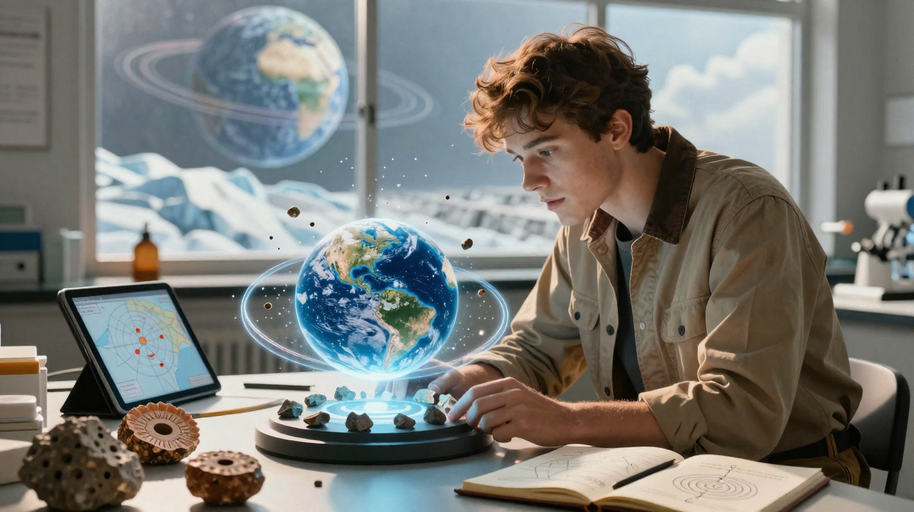 Jovem estuda realidade aumentada com planeta Terra flutuando e anéis simulando órbita em laboratório.