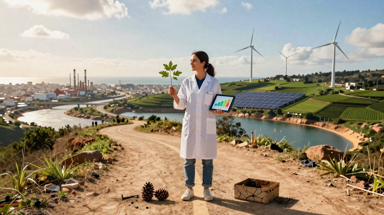Mulher com jaleco segura planta e tablet em estrada rural com turbinas eólicas e painéis solares ao fundo.