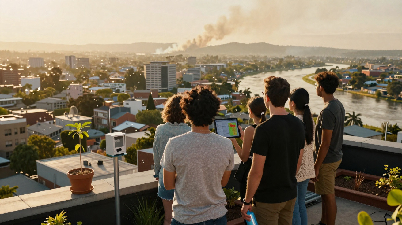 Grupo de jovens observa a cidade ao pôr do sol em cobertura com planta e laptop aberto.