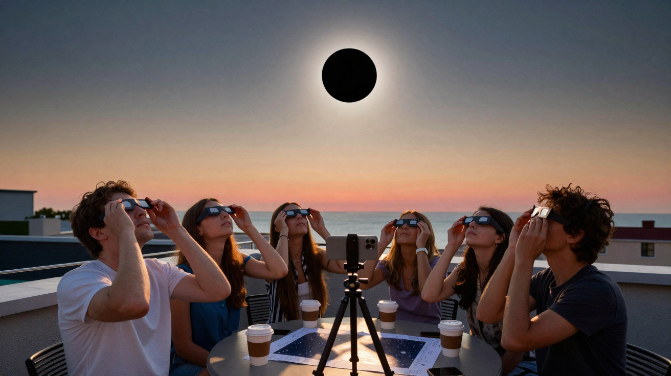 Seis pessoas observando eclipse solar usando óculos especiais, ao pôr do sol na varanda com café na mesa.