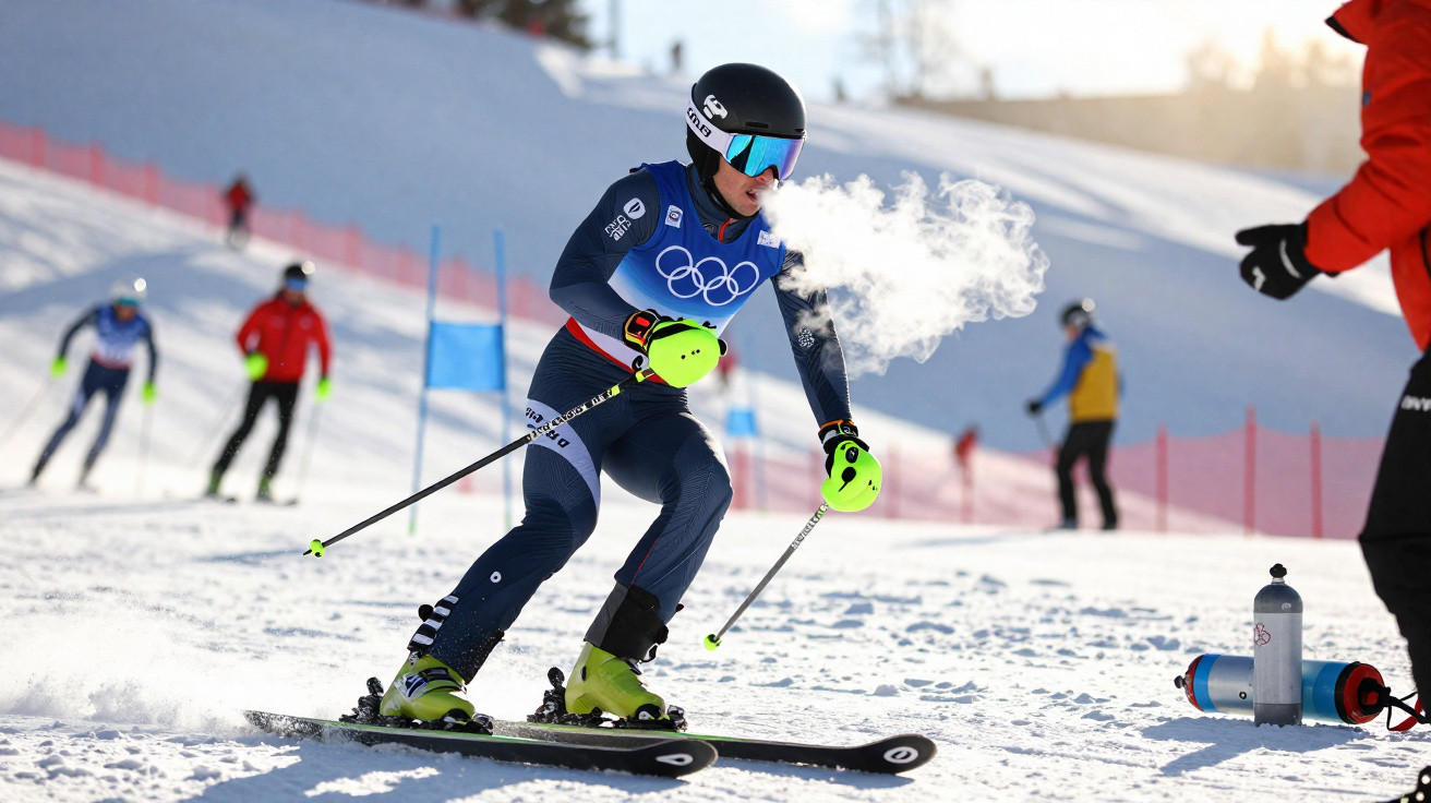 Atleta esquiando na neve com roupa olímpica azul e capacete preto, exalando vapor no ar frio.
