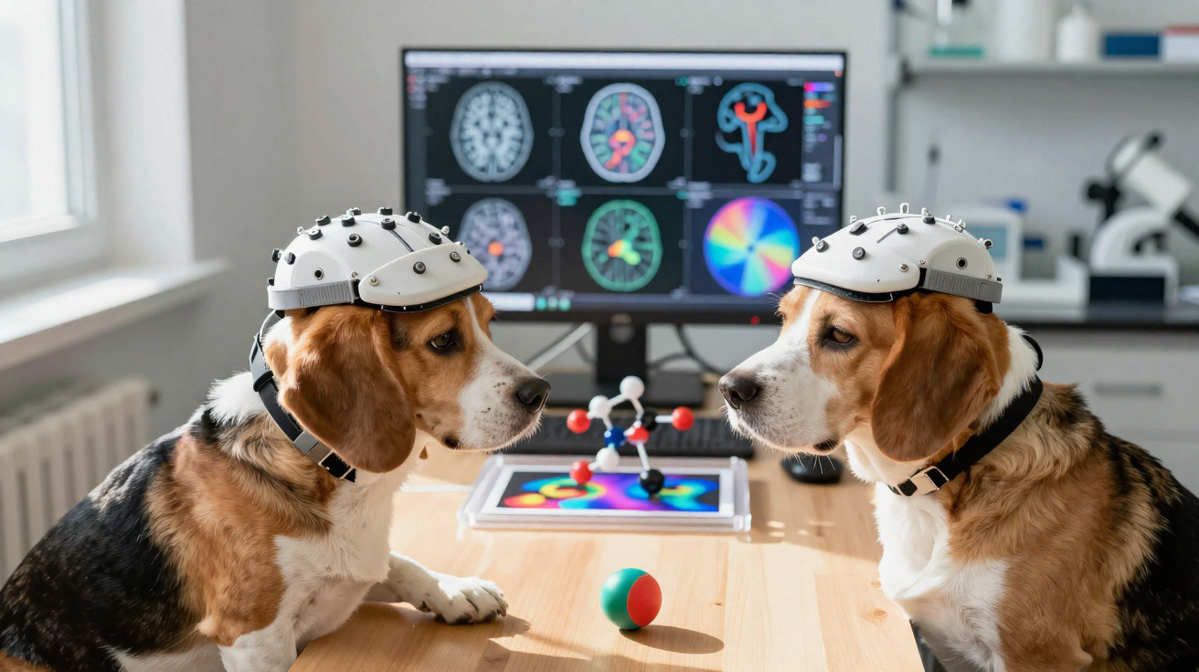 Dois cães com capacetes de eletroencefalograma sentados em mesa em laboratório com telas de cérebro ao fundo.