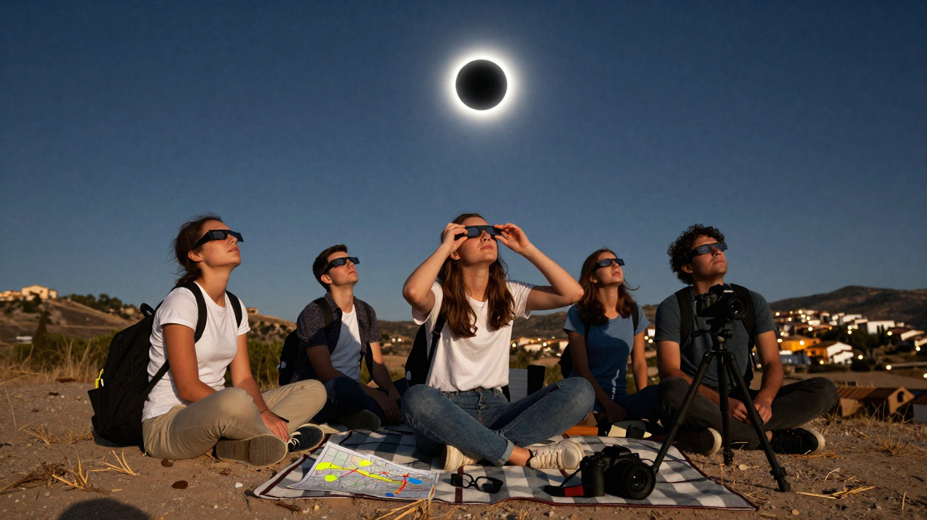 Grupo de pessoas observando eclipse solar com óculos especiais em área aberta durante o dia.