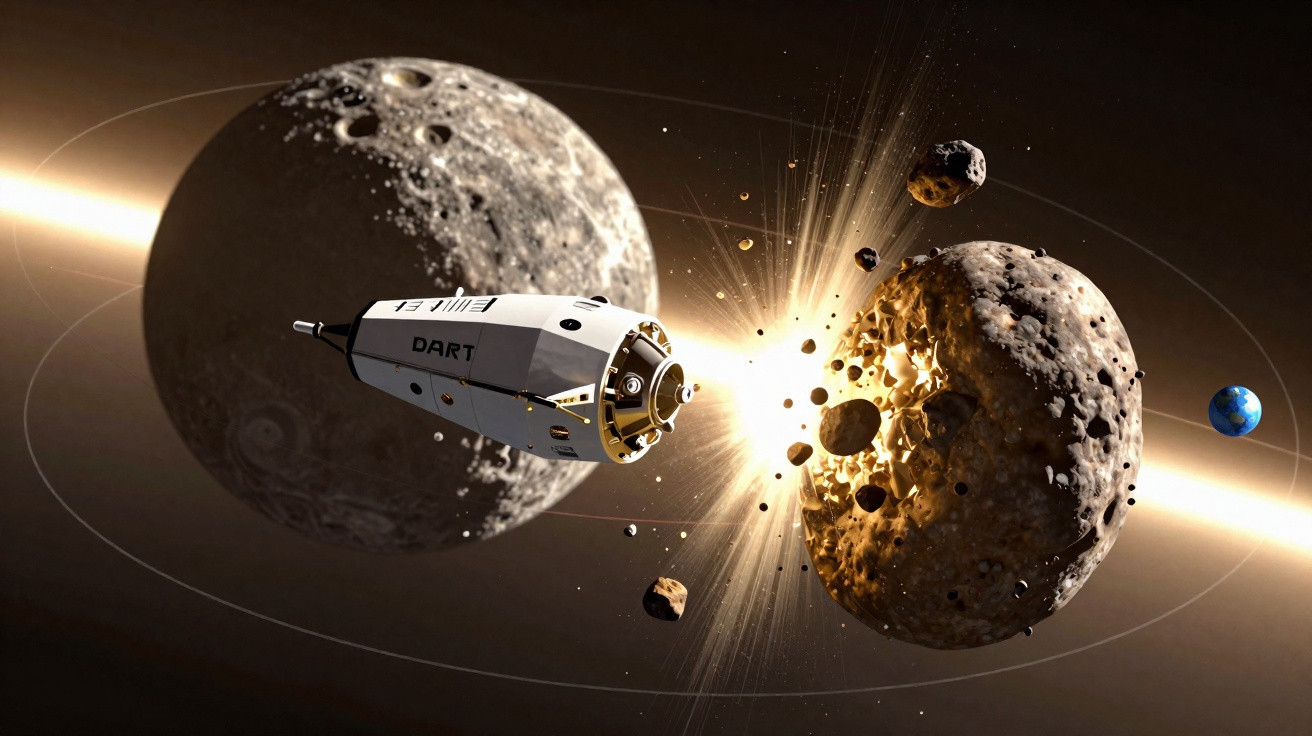 Nave espacial DART colidindo com um asteroide para desviar sua trajetória no espaço sideral.