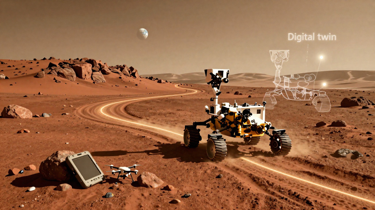 Rover explorando solo marciano com drones e dispositivo, com a Terra visível no céu ao fundo.