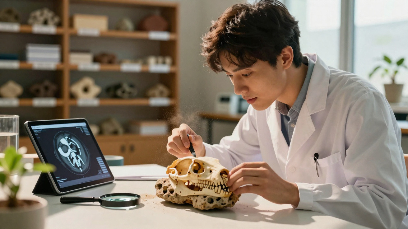 Jovem cientista em jaleco estuda crânio animal em mesa com lupa e tablet ao lado.