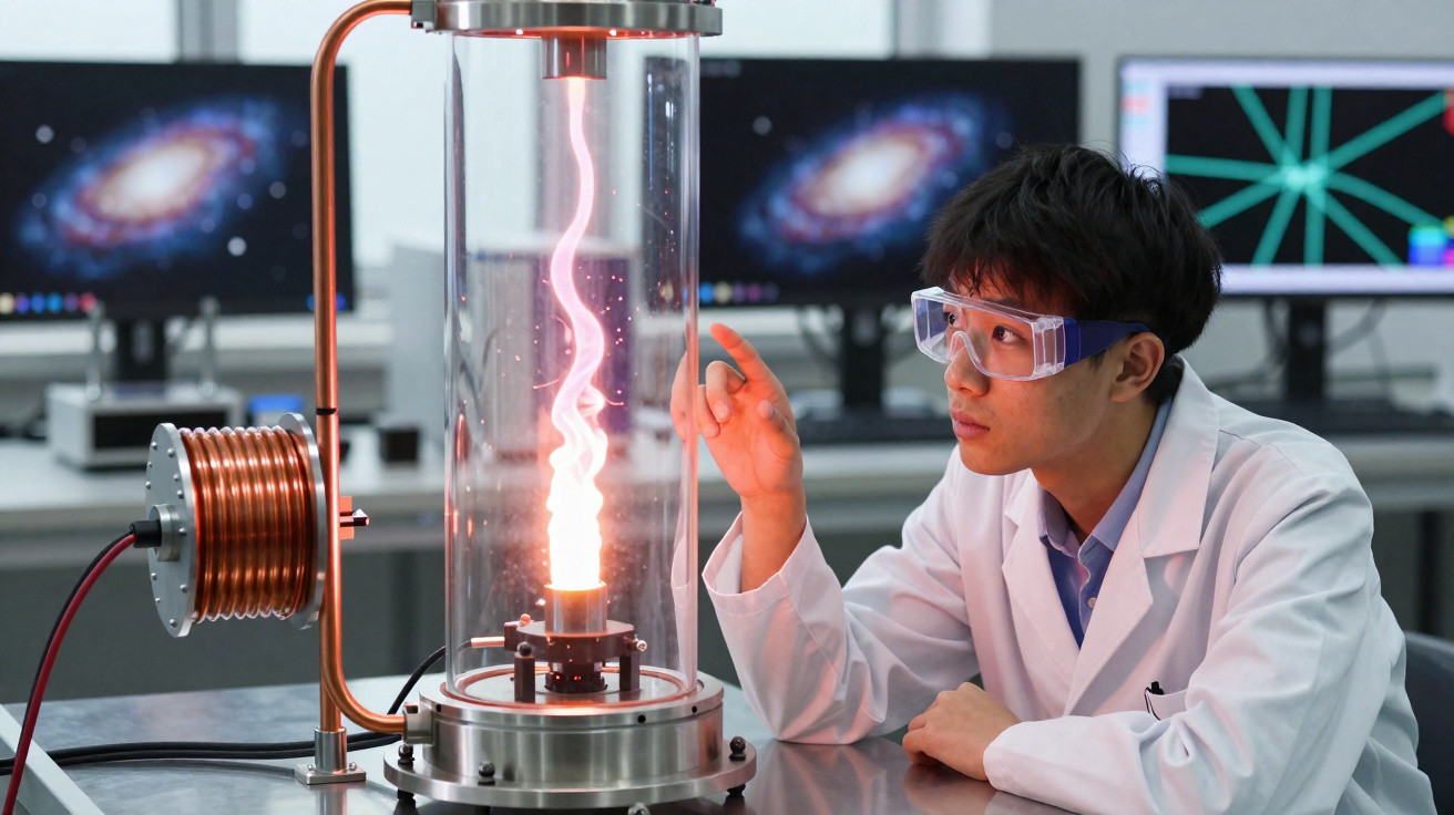 Cientista em laboratório observa experimento com chamas cor de rosa dentro de tubo de vidro.