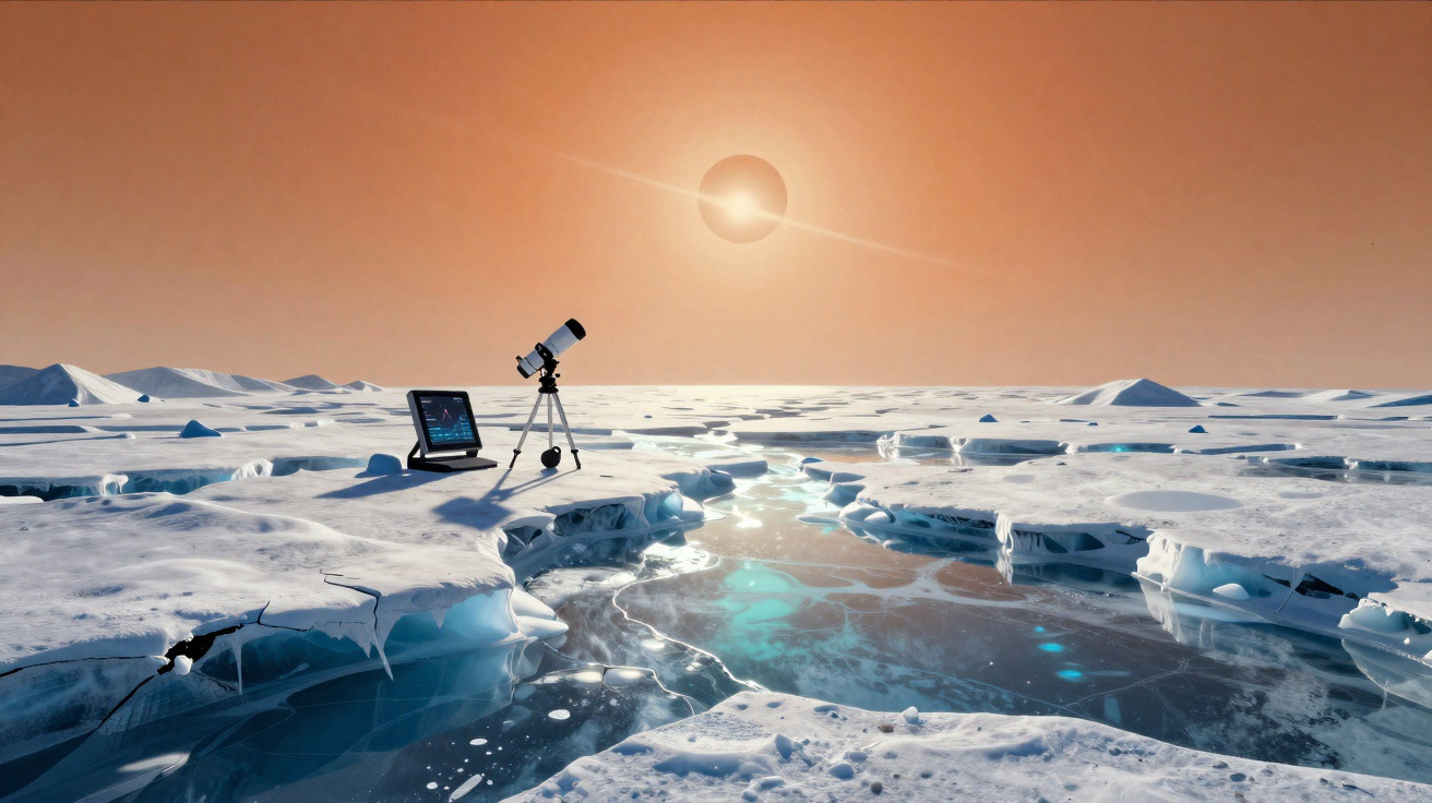Observatório científico em cenário gelado com gelo derretido sob sol alaranjado no horizonte.