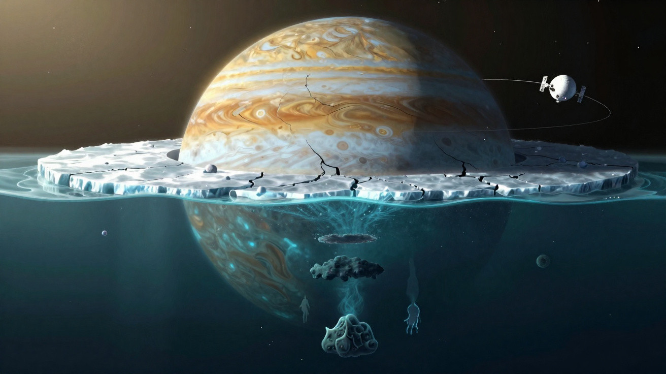 Planeta gigante com superfície congelada e criatura alienígena submersa em oceano profundo no espaço.