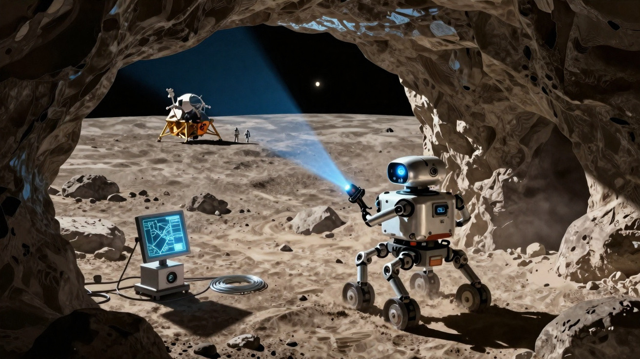 Robô explorador com lanterna na lua, próximo a um módulo lunar e computador, visto de dentro de uma caverna.
