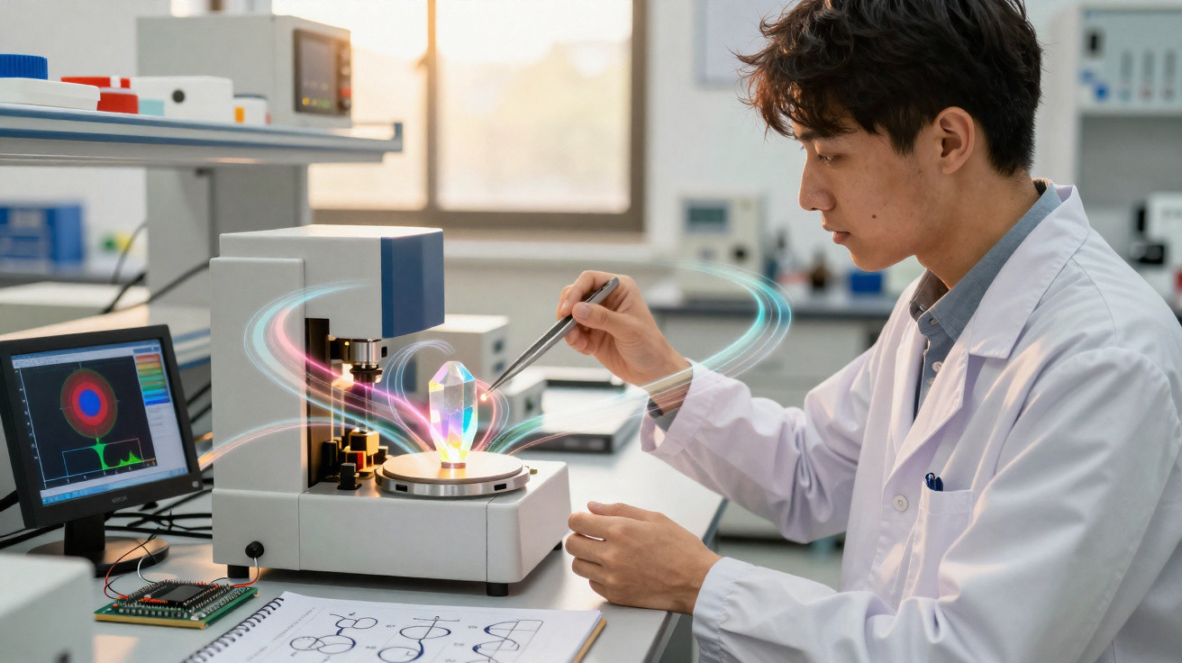 Cientista em laboratório manipulando um cristal brilhante em equipamento tecnológico avançado.