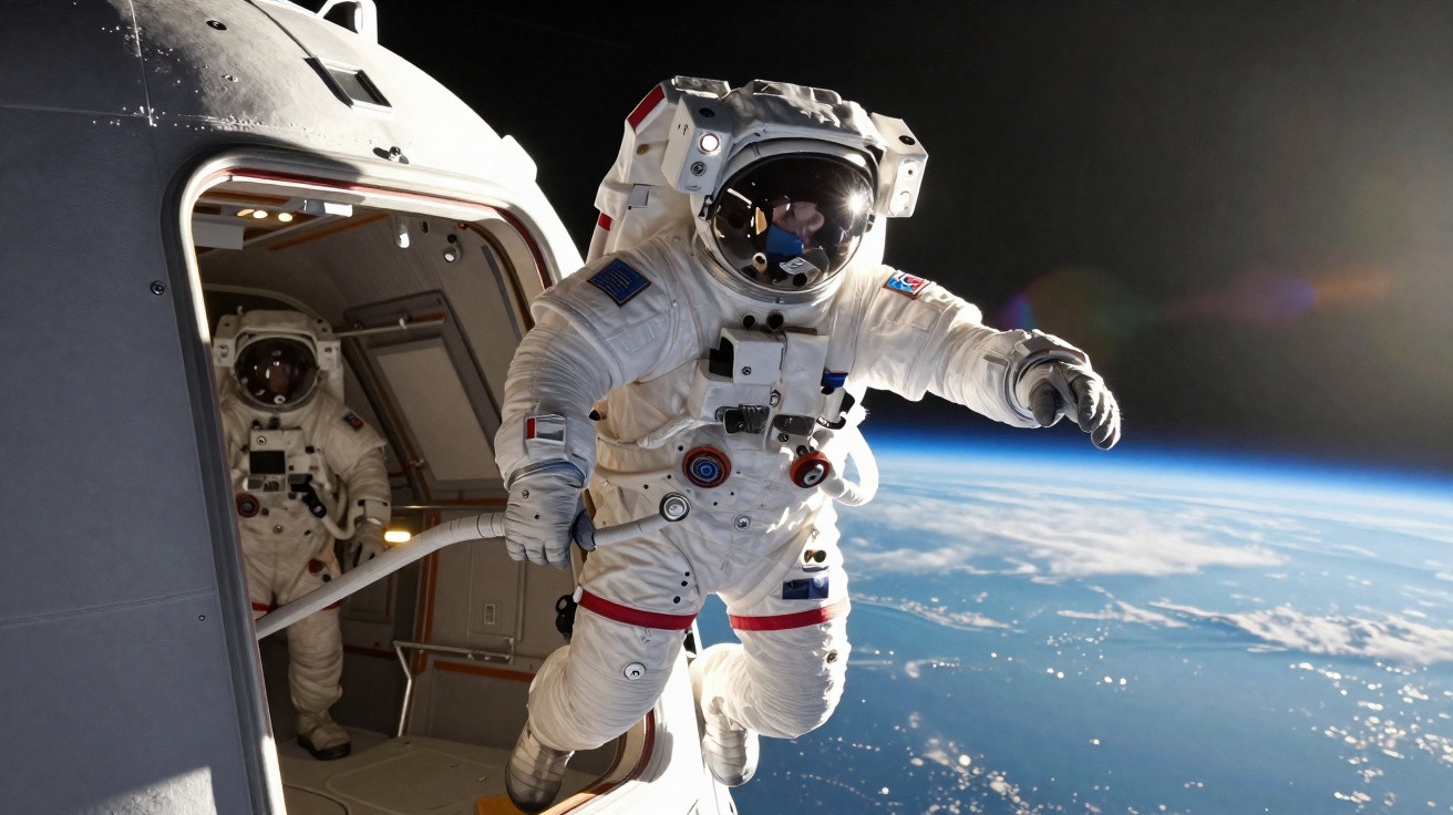 Astronauta em traje espacial flutuando próximo à nave com a Terra e o espaço ao fundo.