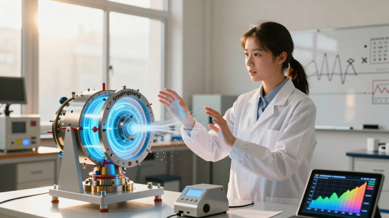 Cientista em laboratório interagindo com máquina futurista projetando luz azul holográfica.
