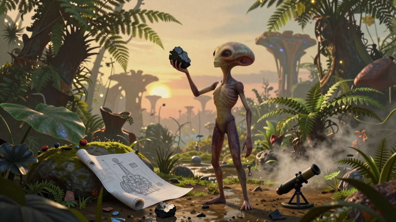 Alienígena segurando pedra preta em floresta alienígena ao pôr do sol com telescópio e plantações ao redor.