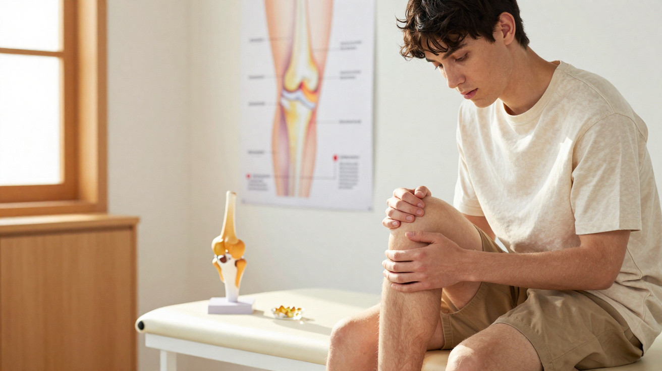 Jovem sentado em consultório médico segurando o joelho com expressão de dor, modelo de articulação no fundo.