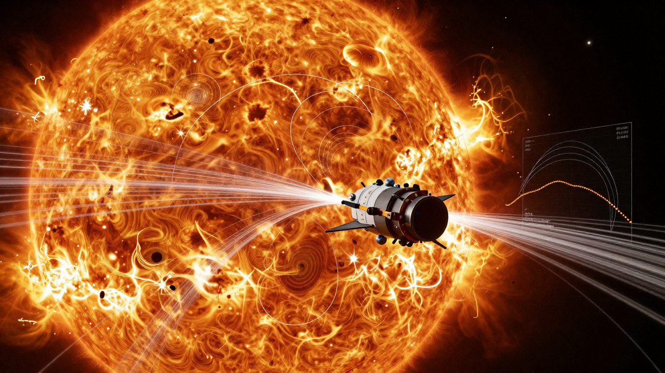 Sonda espacial próxima ao Sol, mostrando emissão de partículas e linhas magnéticas em um fundo laranja intenso.
