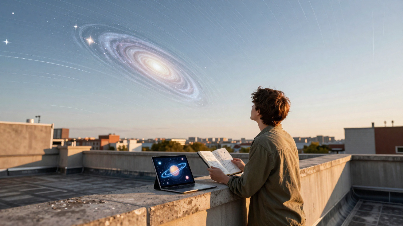 Jovem observa céu e galáxia digital flutuante com tablet mostrando planeta em terraço ao entardecer.