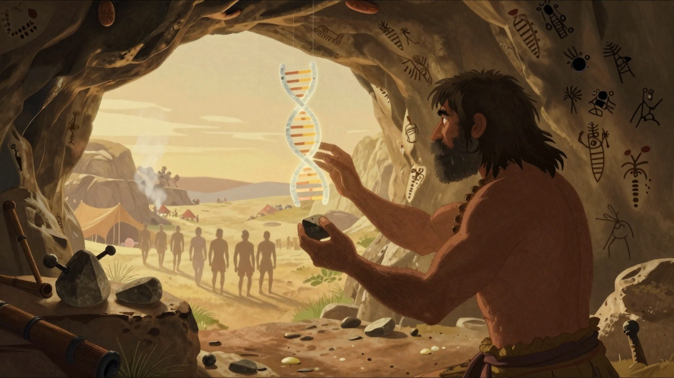 Homem das cavernas estudando uma hélice de DNA pendurada dentro de uma caverna com pinturas rupestres.