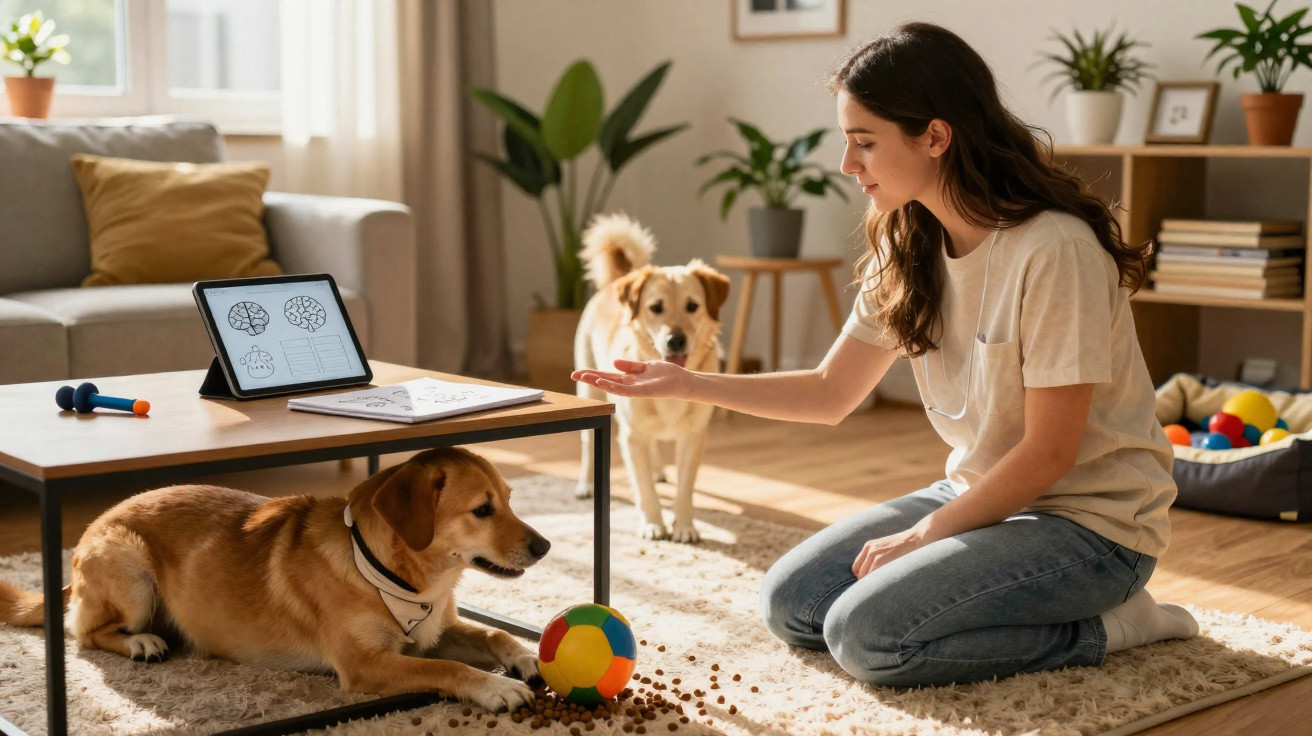 Mulher treinando dois cães em sala com brinquedos e tablet sobre mesa baixa.