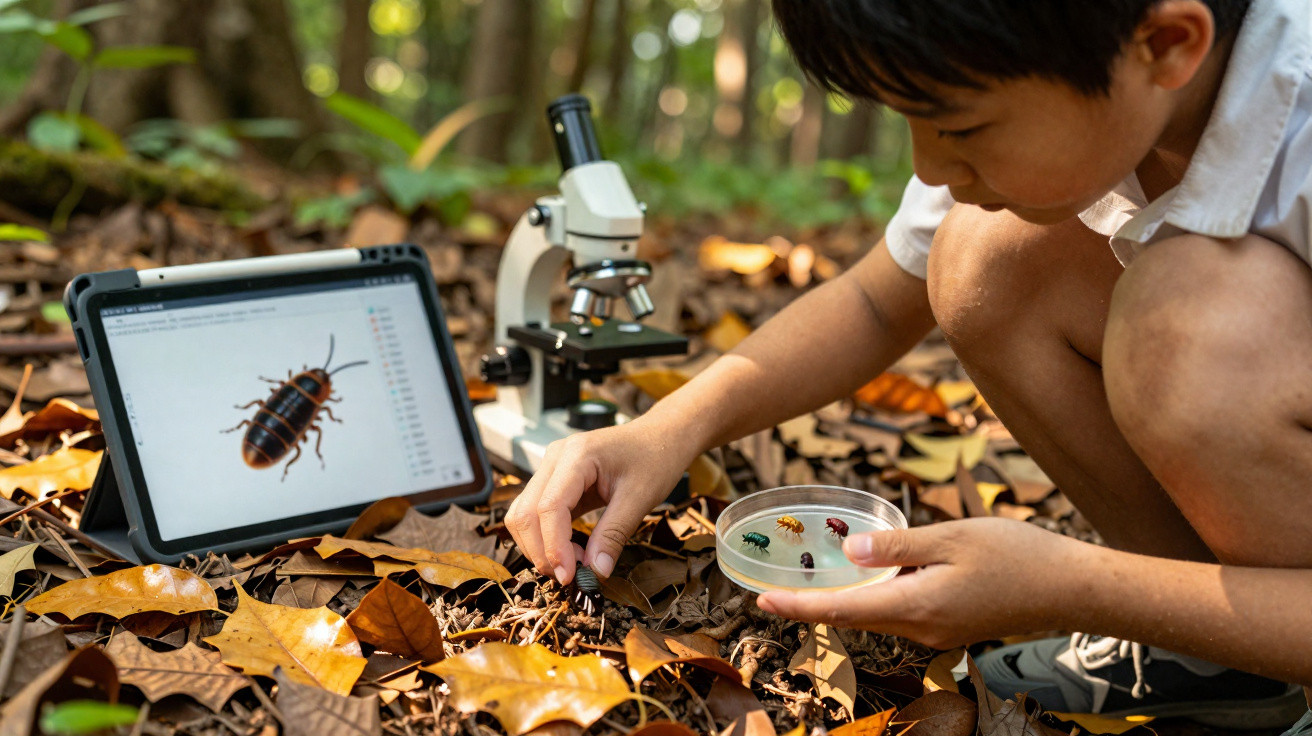 Menino observa insetos na floresta com petri, microscópio e tablet com imagem de barata.
