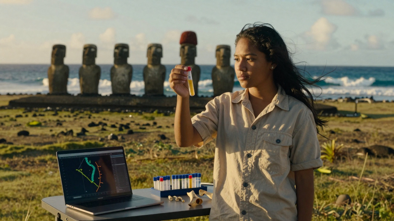Mulher analisa tubo de ensaio com amostra, ao ar livre, com computador e estátuas moai ao fundo na Ilha de Páscoa.