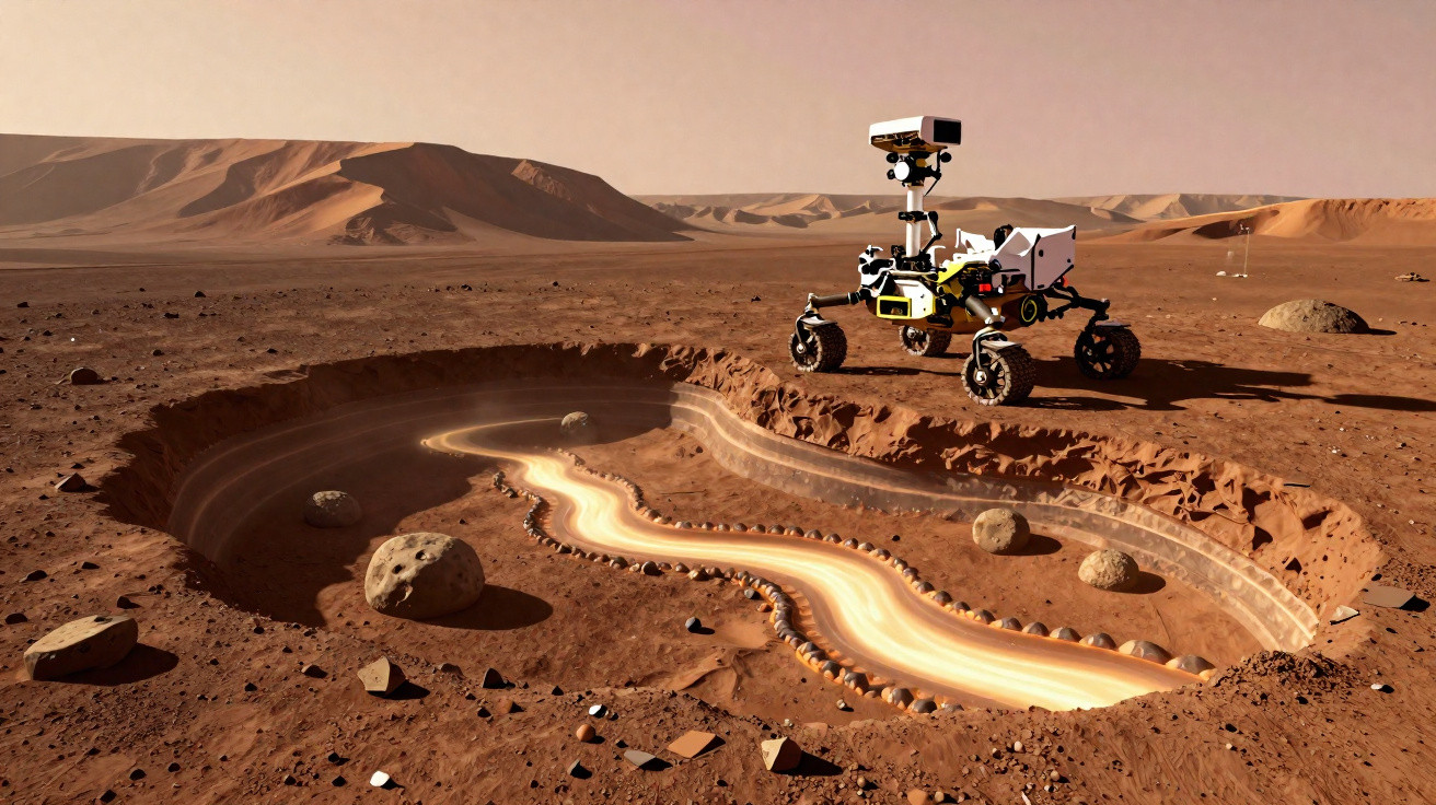 Rover exploratório sobre superfície marciana próxima a cratera com formação estratificada visível.