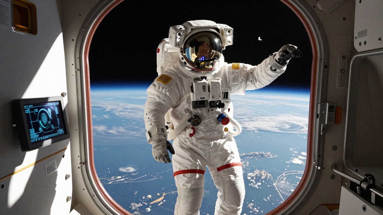 Astronauta em traje espacial flutuando na órbita da Terra visto de dentro de uma nave espacial.