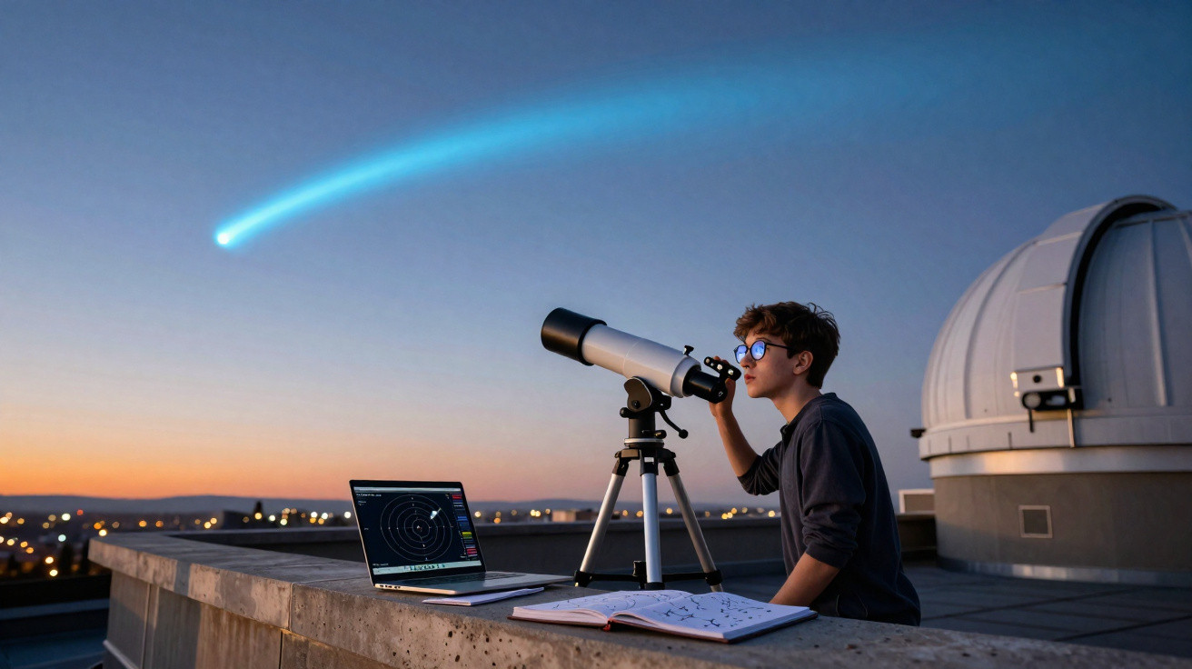 Jovem observa o céu com telescópio enquanto cometa brilhante passa ao entardecer em observatório.