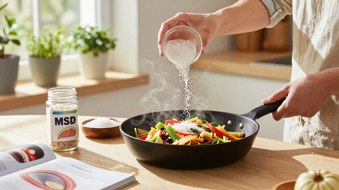 Pessoa temperando legumes coloridos em frigideira com sal em cozinha iluminada pela luz natural.