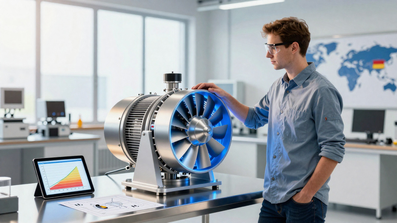 Homem analisando turbina industrial em laboratório com tablet exibindo gráfico ao lado.
