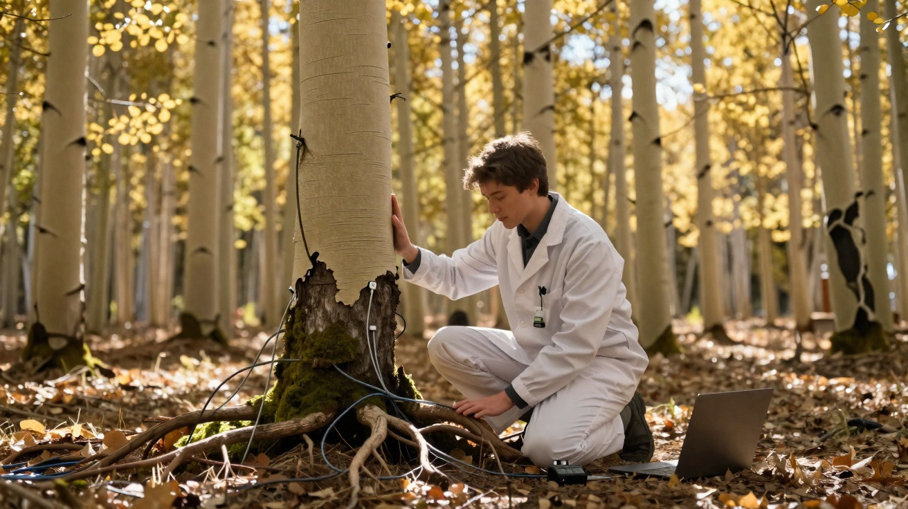 Pesquisador em jaleco branco analisando raízes de árvore com equipamentos em floresta de árvores altas.