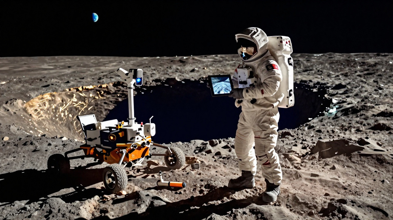 Astronauta com tablet ao lado de rover em superfície lunar com Terra ao fundo.