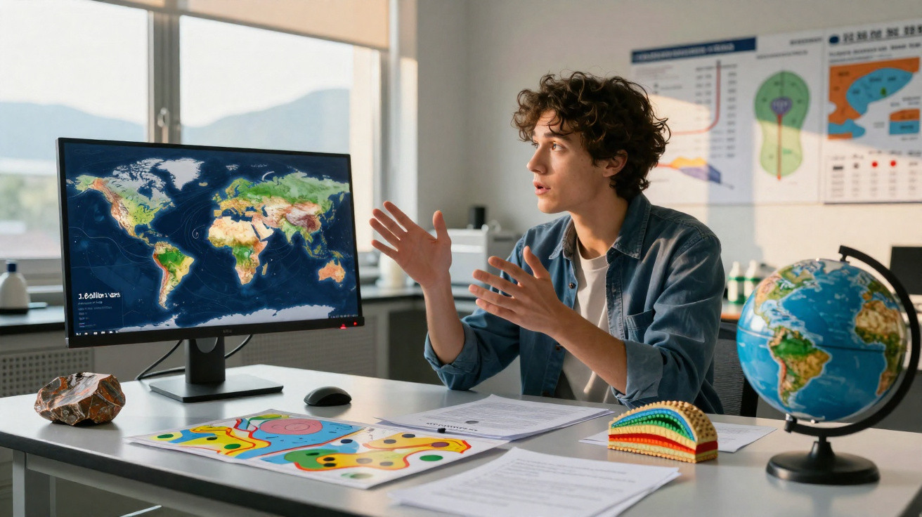 Jovem explicando mapa mundi em sala com computador, globo terrestre e materiais educativos na mesa.