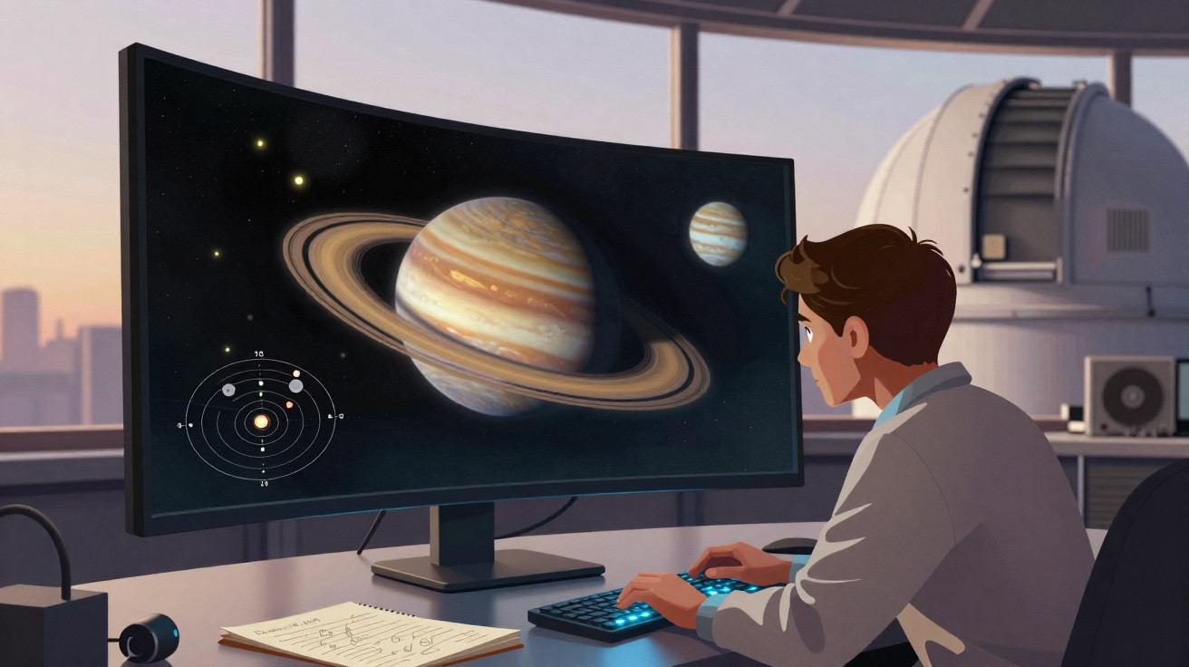 Homem estudando imagens do planeta Saturno em monitor curvo dentro de observatório astronômico.