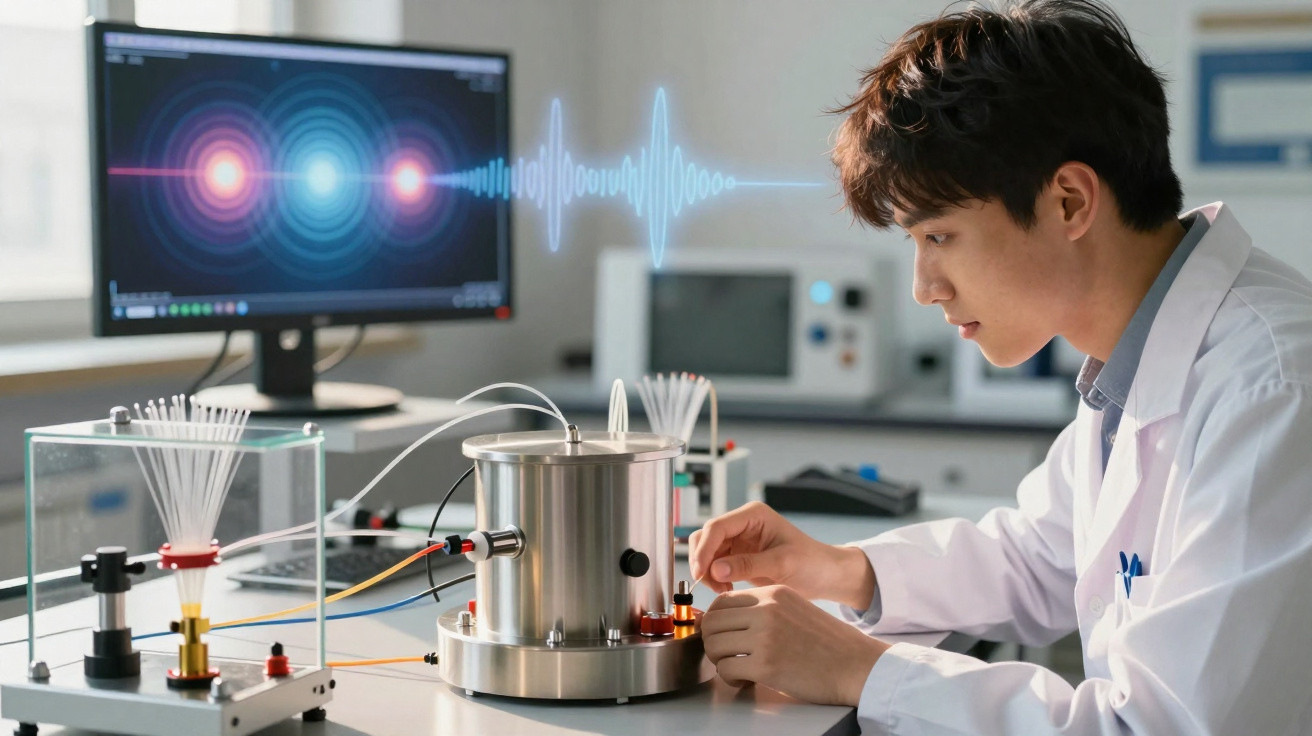 Cientista em jaleco ajusta equipamento tecnológico com tela exibindo ondas sonoras ao fundo.