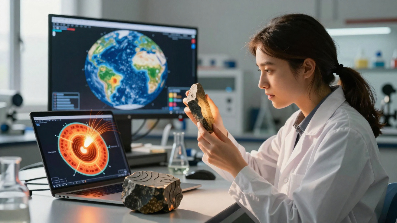 Cientista mulher em laboratório analisando amostra de rocha com imagens da Terra e núcleo terrestre em telas.
