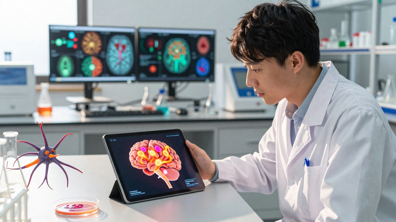 Pesquisador em laboratório analisando imagem 3D colorida de cérebro em tablet com telas ao fundo.