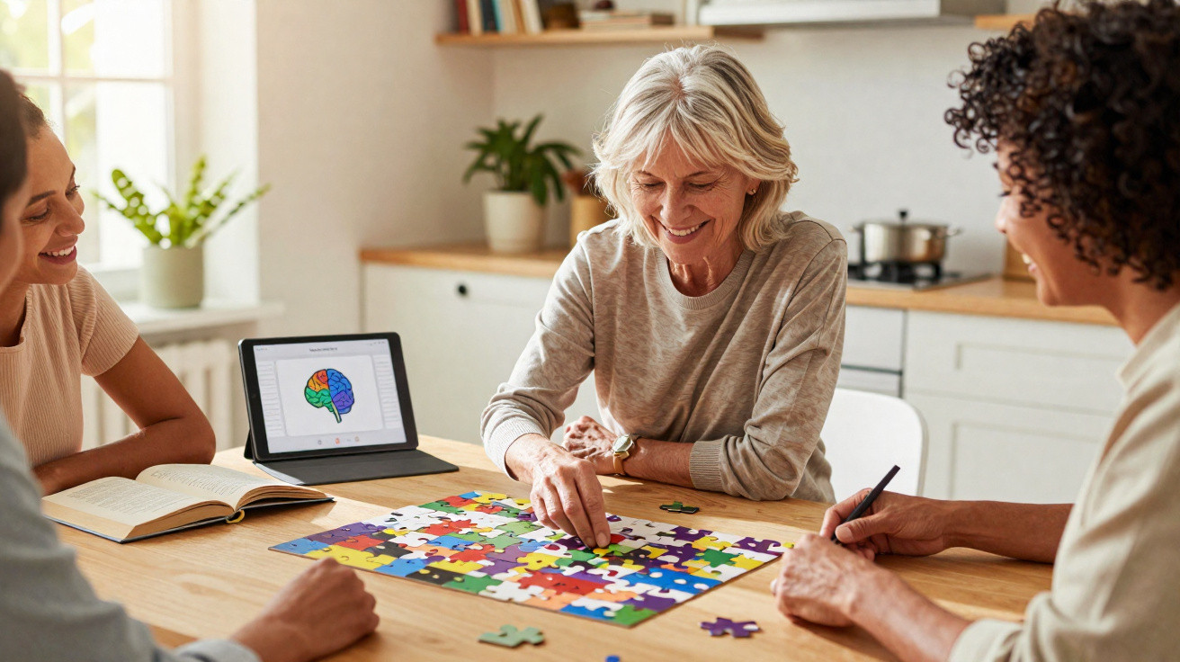 Três mulheres montando um quebra-cabeça colorido em uma mesa, com uma imagem de cérebro exibida em tablet.