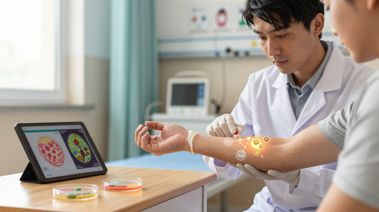 Médico usando luvas coleta sangue do braço de paciente com imagens digitais de células e tela com gráficos.