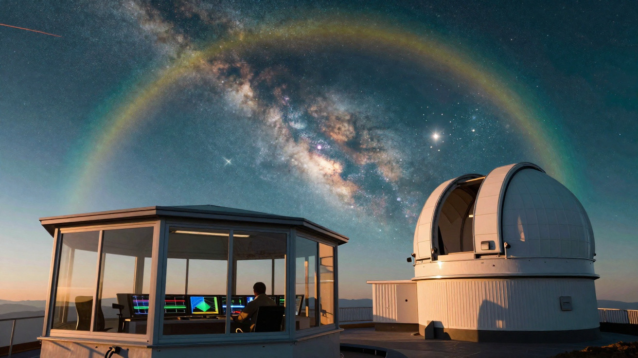 Observatório astronômico com homem em cabine e céu estrelado com arco brilhante ao fundo.