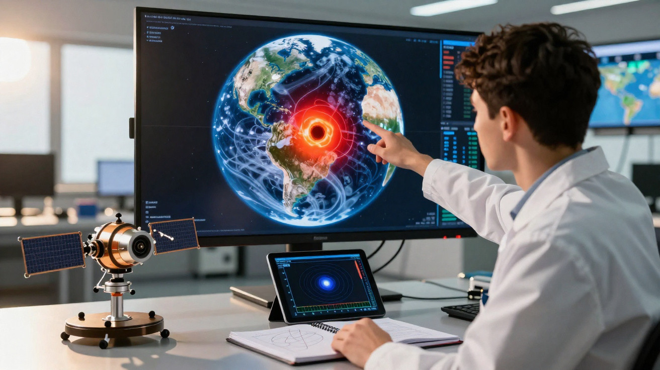 Cientista analisando modelo digital da Terra com destaque em buraco negro no monitor de computador.